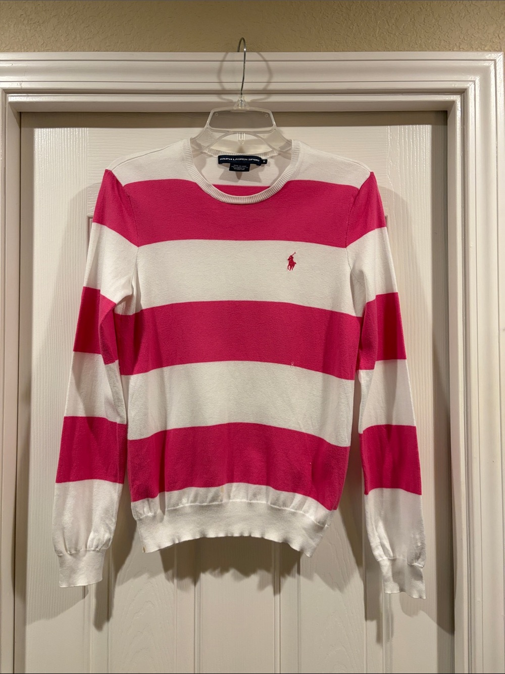 Polo by Ralph Lauren women’s  Hot Pink & White Striped Crewneck Sweater size M